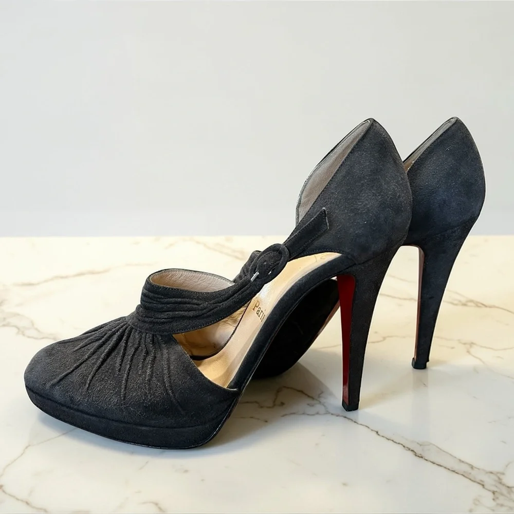 Christian Louboutin Black Suede Ruched T-Strap Pumps